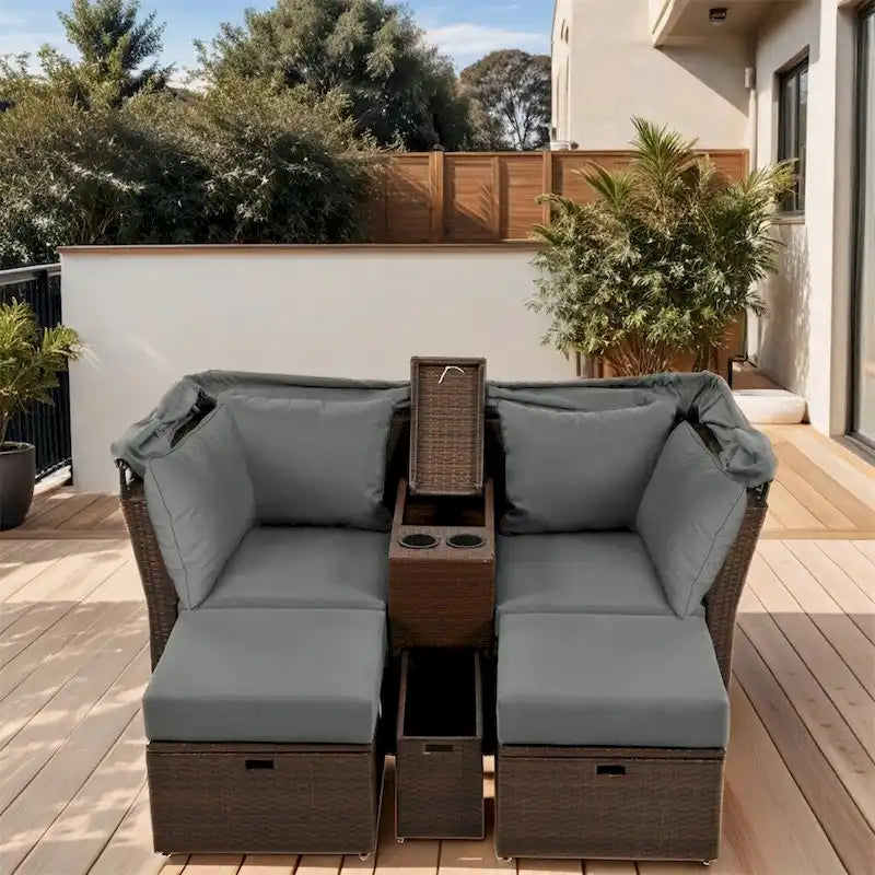 Outdoor Loveseat Sofa with Foldable Awning and Cushions,Cup Holders