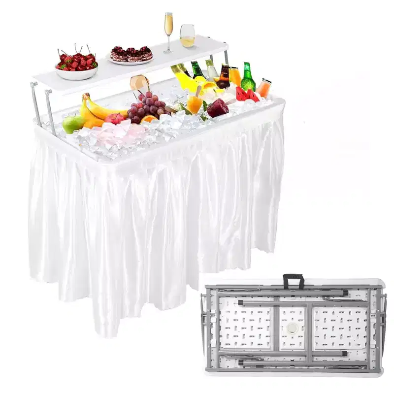 Outdoor Ice Cooler Folding Table with Extra Storage Shelf, Ice Tables for Parties with Drain & Matching Skirt, Cooler Server for Camping, Picnic
