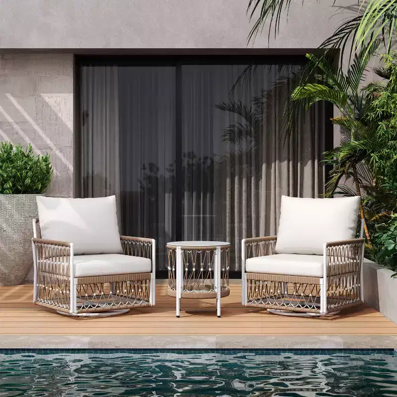 Christopher Knight Home Dolphine Bohemian 3 Piece Patio Handwoven Rope Swivel Seating Set with Glass Top Side Table