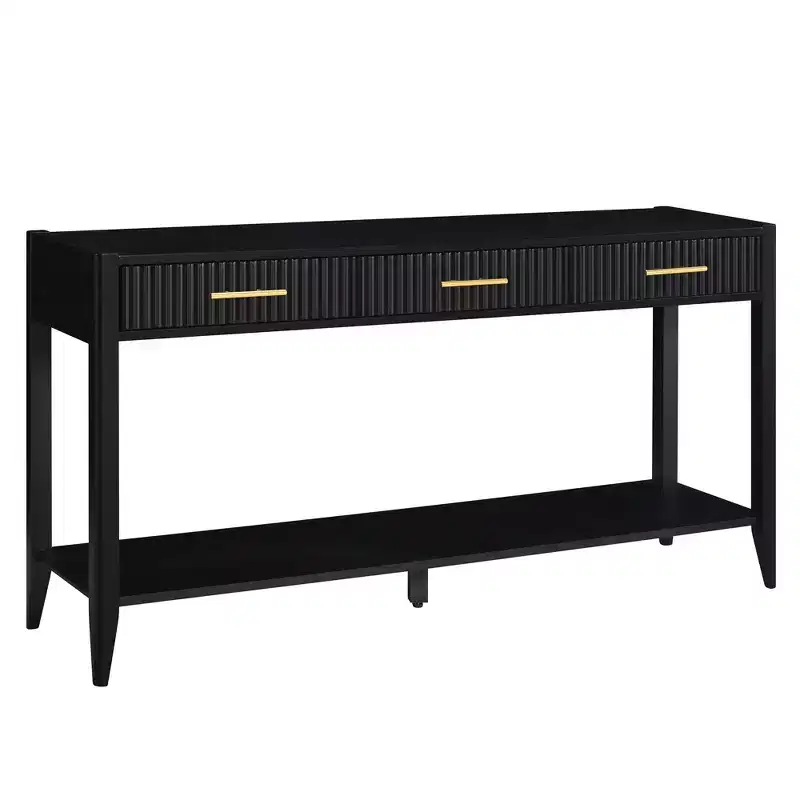 60 Inch Console Table with 3 Wavy Drawers, Modern Entryway Table with Metal Handles and Storage Shelf