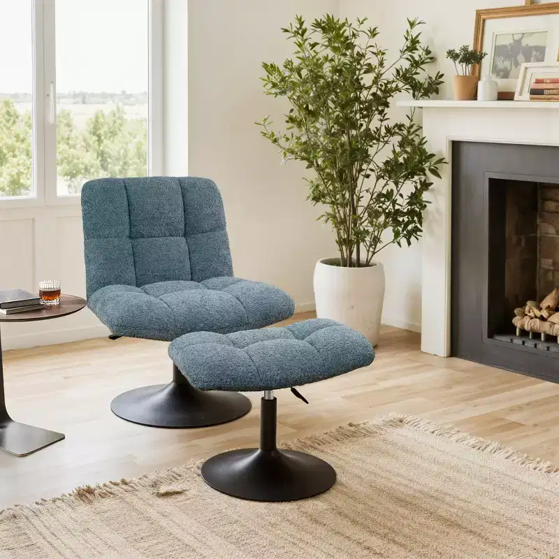 Art Leon Leisure Linen Fabric Swivel Accent Chair with Ottoman, Wood and Metal Frame