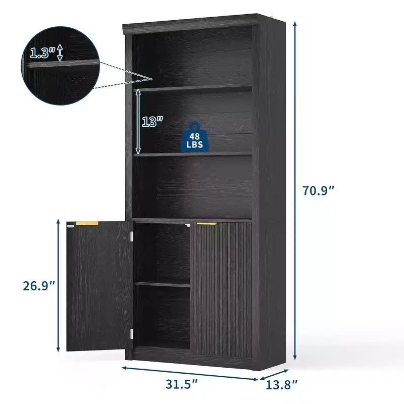 70.9 Tall Book Shelf and Bookcase, Wooden Bookcase with Doors, 5-Shelf Bookcases with Adjustable top Shelve for Home Office, Living Room
