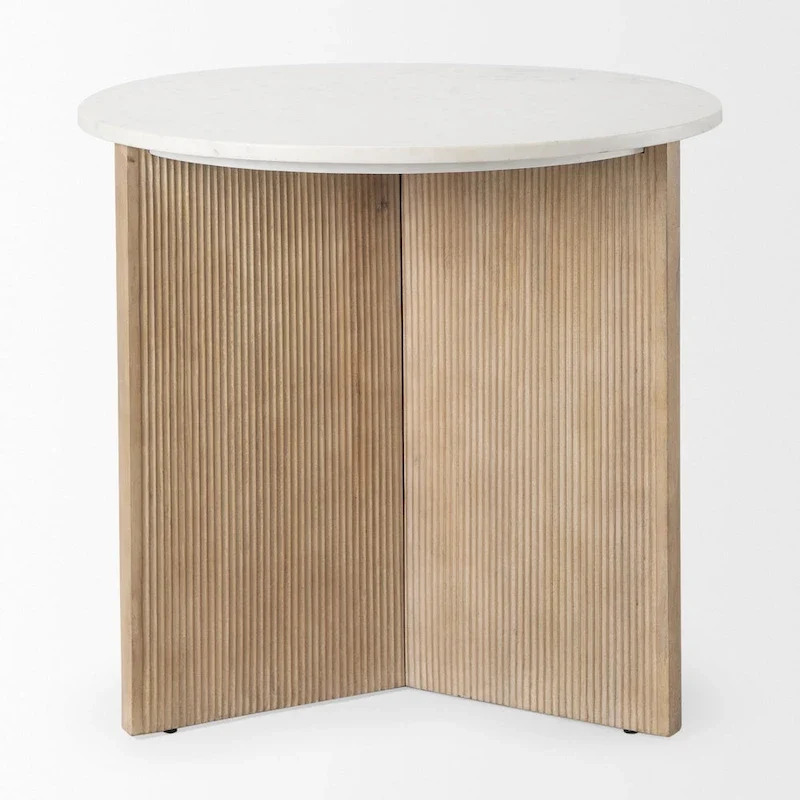 White Marble w/ Fluted Light Brown Solid Wood Round Accent Table