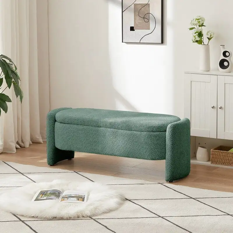 Oval Upholstered Storage Bench – Gray / Green, Lamb Fleece, 2-Person Seating