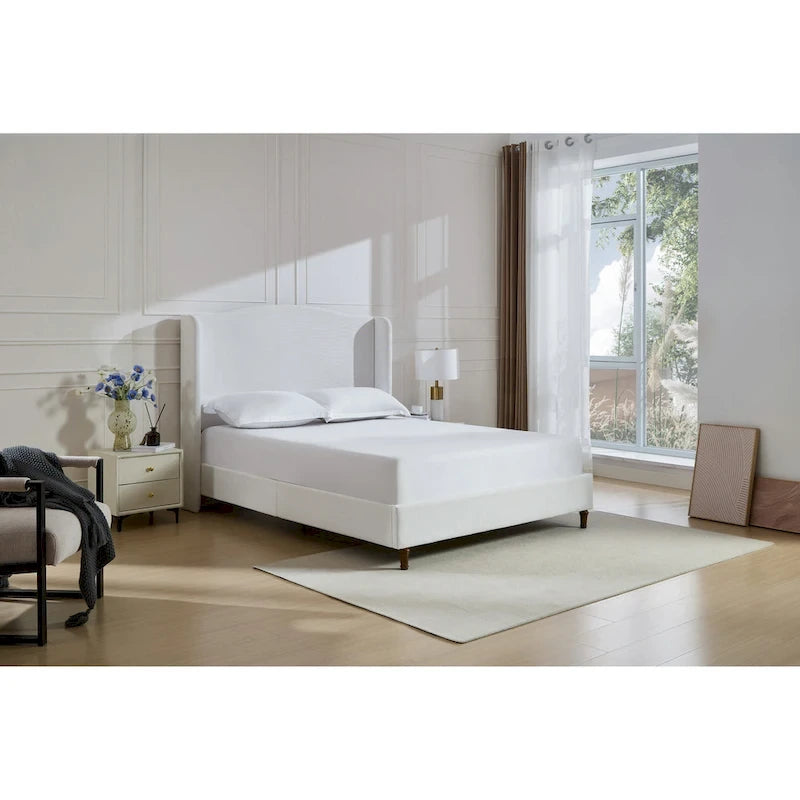 King Wingback Upholstered Bed | 54 Camelback Headboard | Cream Chenille | 1000 lb