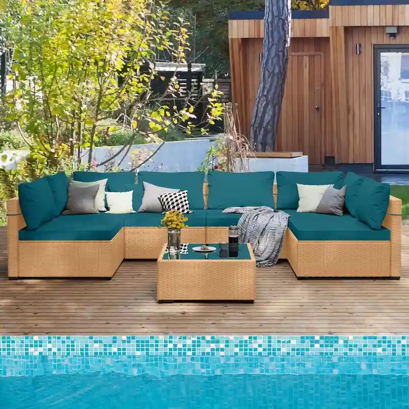 Patio Watcher 7-Piece Patio Yellow Wicker Sectional Seating Group with Cusions and Side Table