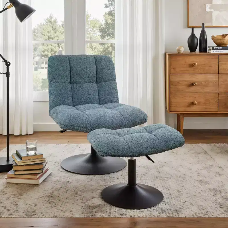 Art Leon Leisure Linen Fabric Swivel Accent Chair with Ottoman, Wood and Metal Frame