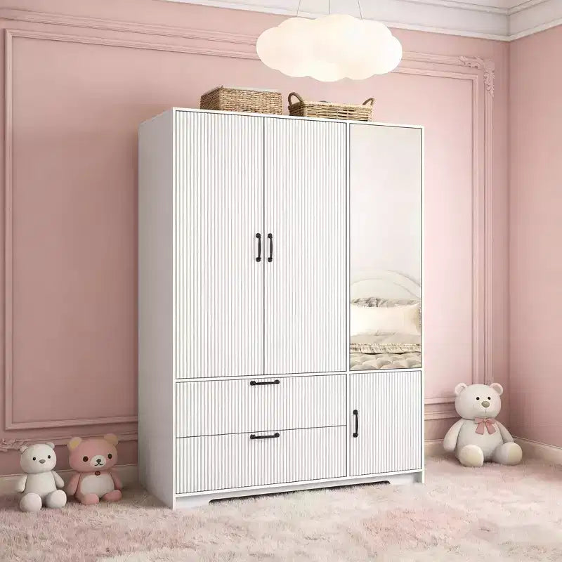 JVNOXK 4 Doors White Wardrobe Closet with Mirror, LED Lights, 2 Drawers, Hanging Rod & Adjustable Shelves, Wooden Bedroom Storage Cabinet