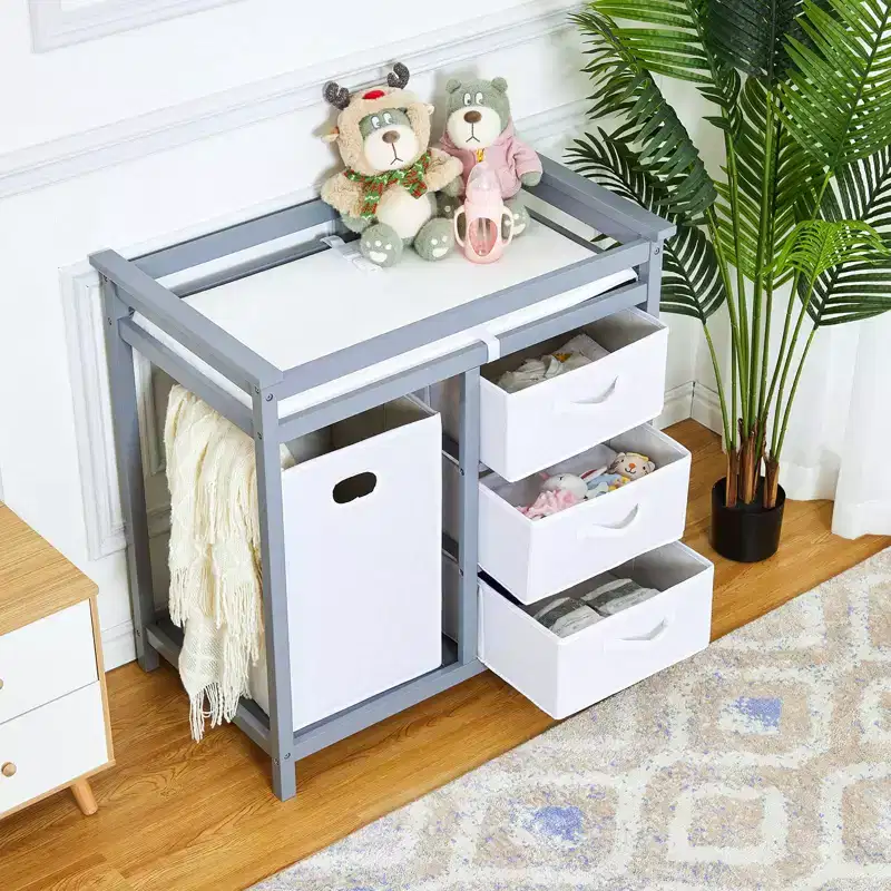 36 Modern Baby Changing Table Dresser with 3 Drawers & Laundry Hamper  Nursery Furniture