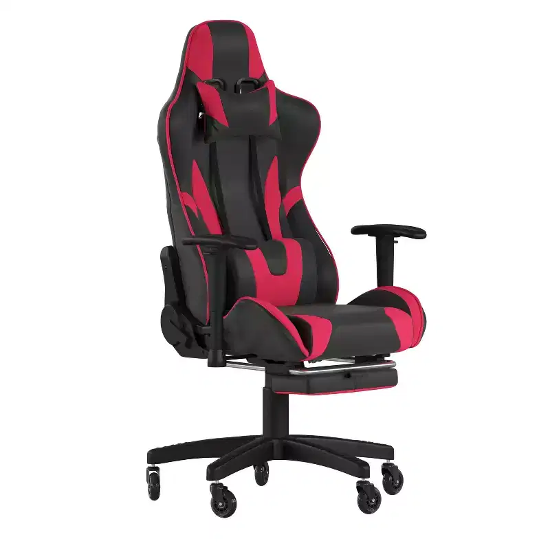 Racing Style Gaming Chair with Reclining Back, Slide-Out Footrest & Transparent Roller Wheels
