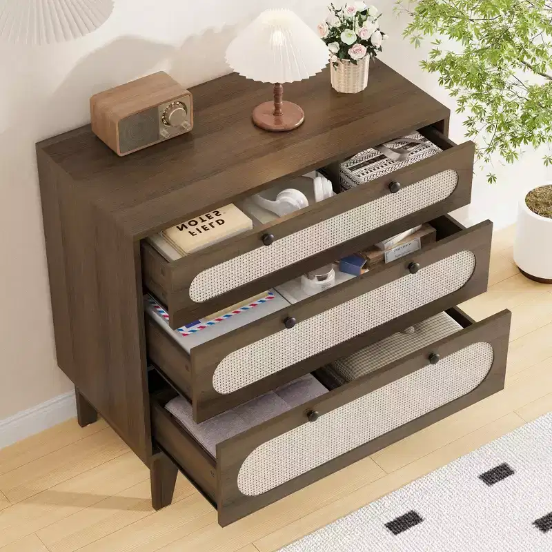 WhizMax 3 Drawer Wood Dresser, Rattan Nightstand Bedside Table