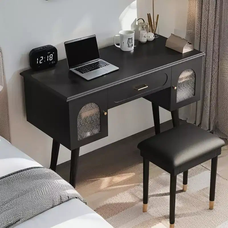 Okak Elegant Makeup Vanity with Padding Stool Set, Vanity Desk with Organizer and Charging Port, Vanity Table for Living Room, Bedroom
