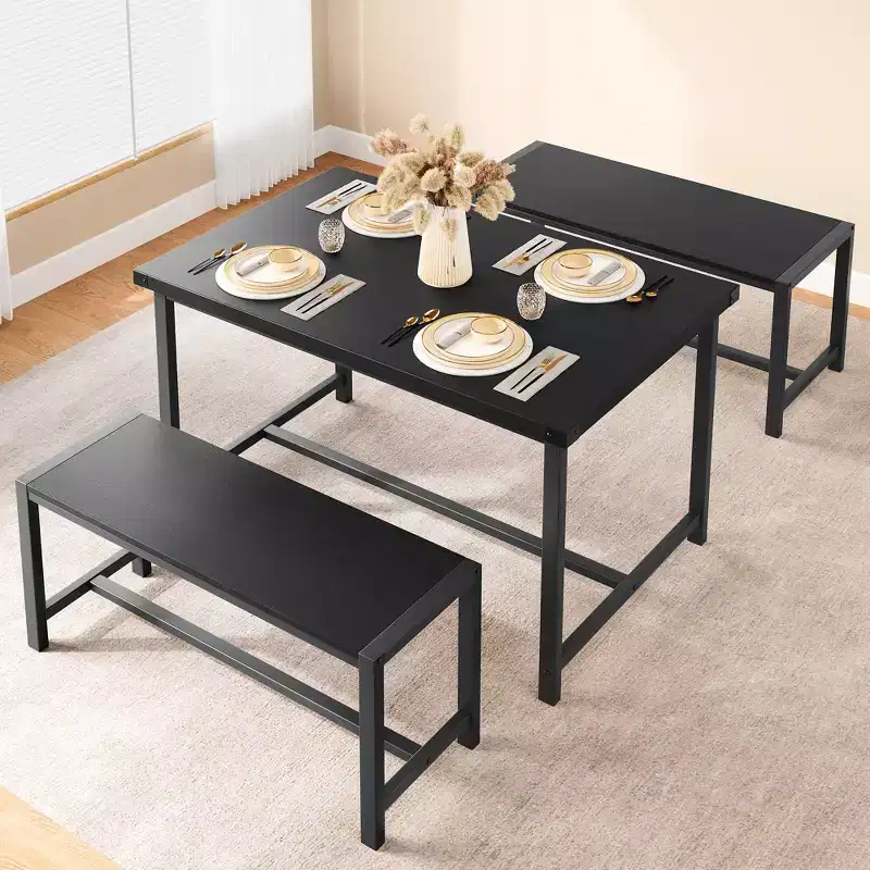 Dining Table Set for 4, Kitchen Table with 2 Metal Wood Benches, Rectangular Room Dining Table Set, for Small Space, Apartment, Studio