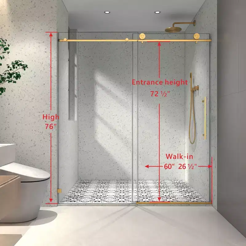 PexFix 76 in.x 60 in. Frameless Single Sliding Shower Door 8mm Tempered Glass With Adjustable Soft Closing Design for Spa Bathroom Brushed Gold