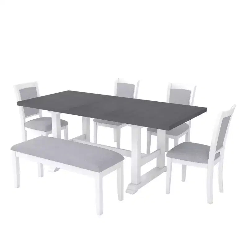 Whisen Updated 6-Piece Rustic Kitchen Extendable Dining Table Set, 76.9 Trestle Dining Table & 4 Upholstered Dining Chairs, 1 Bench