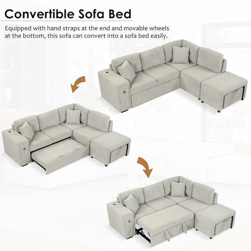 L-Shaped 4-Seat Sectional Sofa with Pull-Out Bed, Ottoman, USB Ports & Drop-Down Table