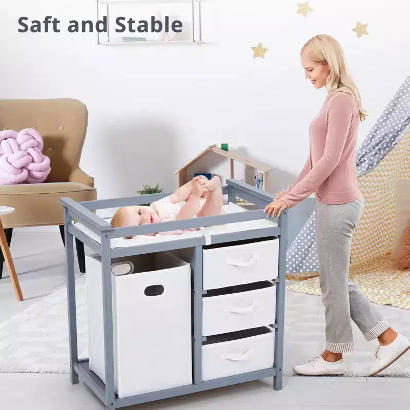 36 Modern Baby Changing Table Dresser with 3 Drawers & Laundry Hamper  Nursery Furniture