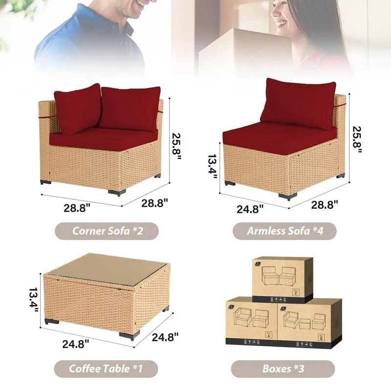 Patio Watcher 7-Piece Patio Yellow Wicker Sectional Seating Group with Cusions and Side Table
