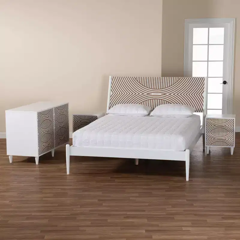 Baxton Studio Queen 4pc Louetta Carved Contrasting Bedroom Set White/Natural Brown