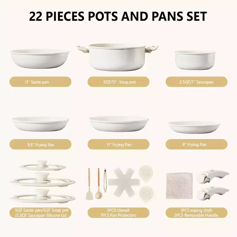 ROVSUN 22 Pcs Nonstick Pots and Pans Set,Aluminum Kitchen Cookware Set w/Detachable Handle, RV Kitchen Set, Dishwasher Safe, PFAS PFOA & PFOS Free