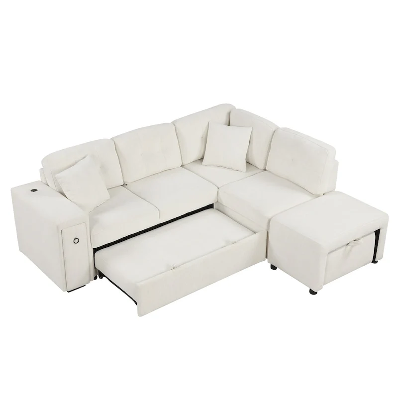 L-Shaped 4-Seat Sectional Sofa with Pull-Out Bed, Ottoman, USB Ports & Drop-Down Table
