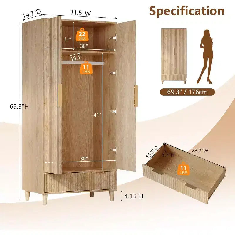VINGLI Fluted Wardrobe Closet Armoire with Doors And Drawers, Wardrobe Cabinet