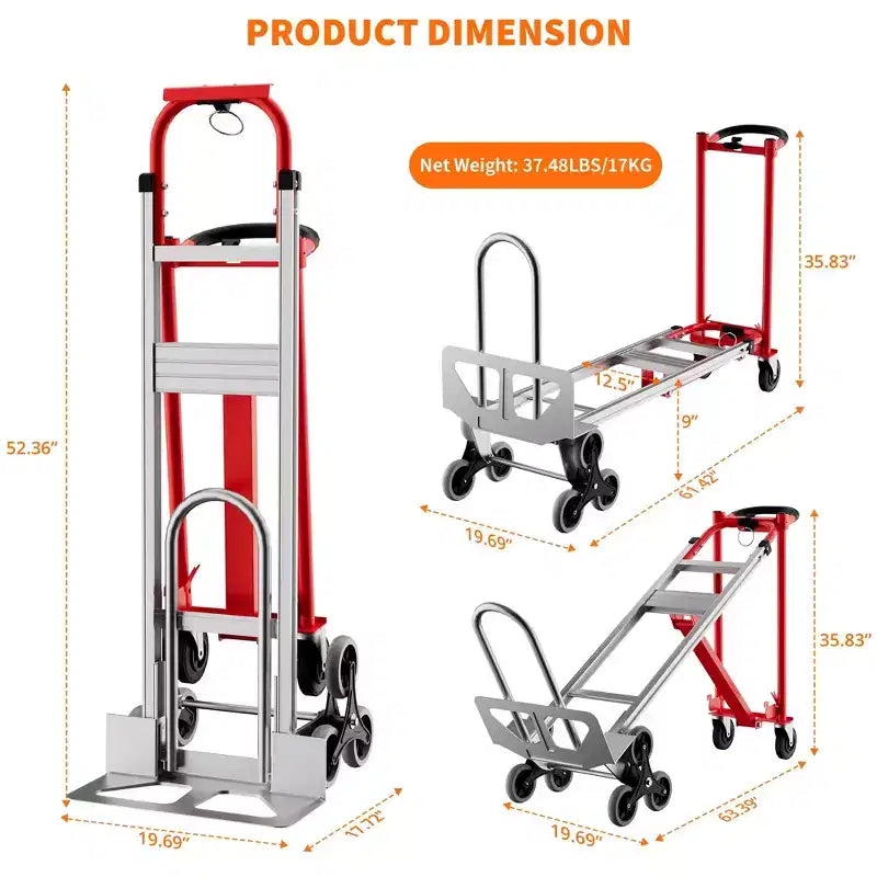 3-in-1 Stair Climbing Hand Truck, Heavy Duty Convertible Flat Cart with Folding Design & Elastic Straps for Home Office Warehouse