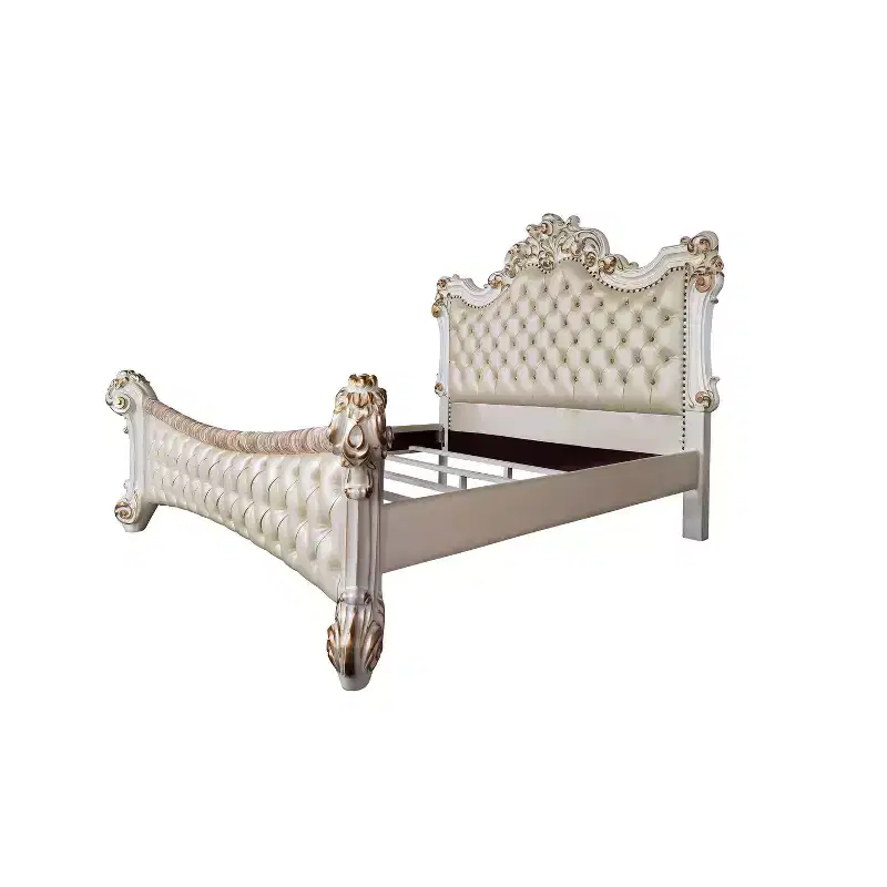 96" Eastern King Bed Vendome Antique Pearl Finish - Acme Furniture: Luxury Upholstered Tufted Headboard, Faux Leather, Glam Style