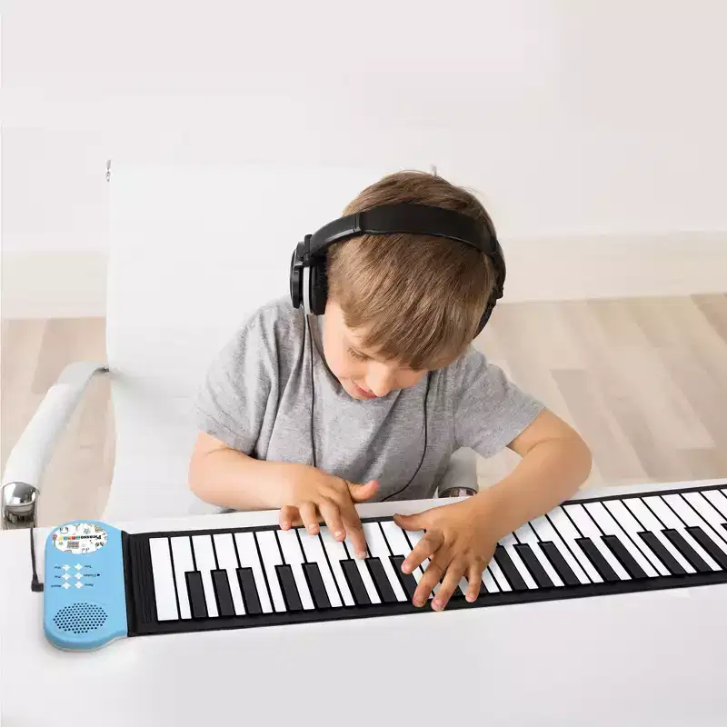 PICASSO-TILES 49-Key Portable Roll-Up Electronic Music Piano Keyboard, Recording Feature, 8 Tones, 6 Demo Songs, Built-in Speaker - Blue