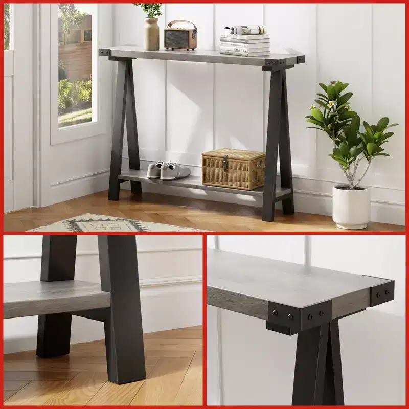 Console Table Entryway Table - 43.3'' Farmhouse Narrow Console with Storage, 2 Tier Sofa Table with Metal Frame & MDF