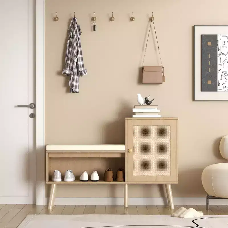 TUYOHW Boho Style PP Rattan Shoe Bench with Shelf and 1 Door,Modern Entryway Storage Bench with Removable Cushion for Hallway and Bedroom,Natural