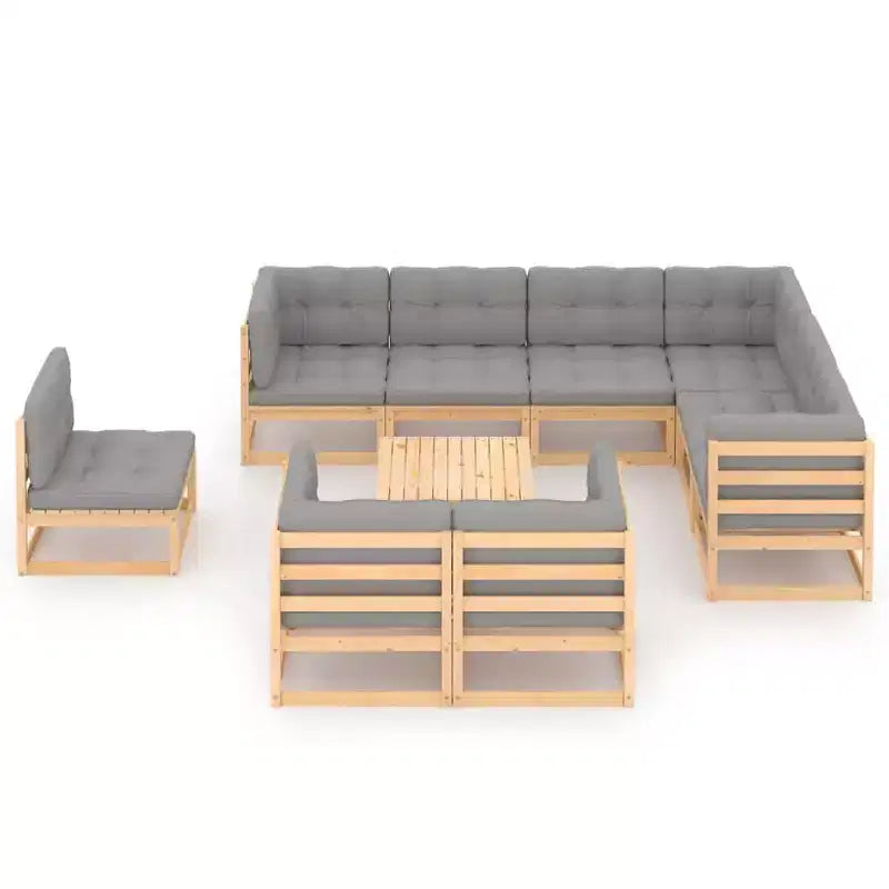 vidaXL Patio Furniture Set 10 Piece Outdoor Sectional Sofa Solid Wood Pine - Natural With Cushions