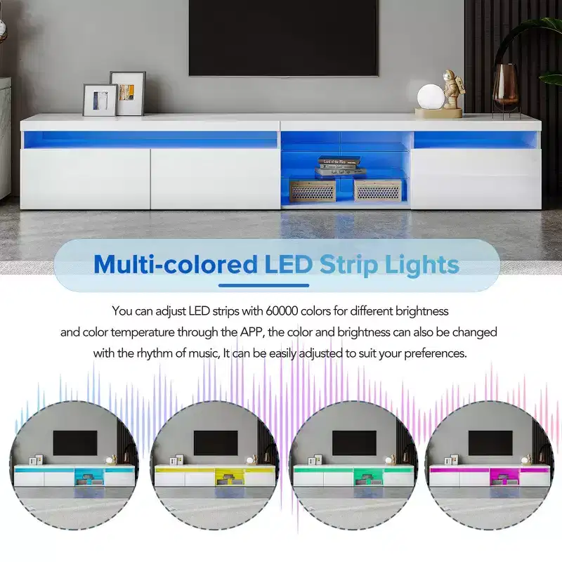 Bestier Modern TV Stand for TVs Up to 105 with 2 Glass Shelves, Storage Media Console, Versatile TV Cabinet with LED Lights for Living Room, White