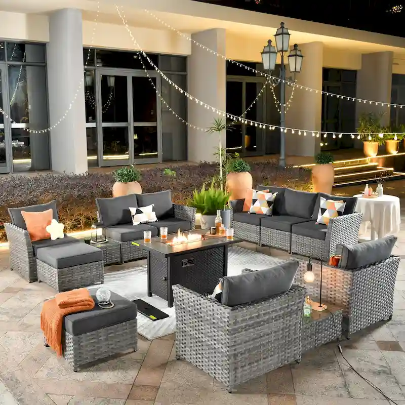 HOOOWOOO 13-piece Wicker Rattan Patio Sectional Conversation Set with Fire Pit