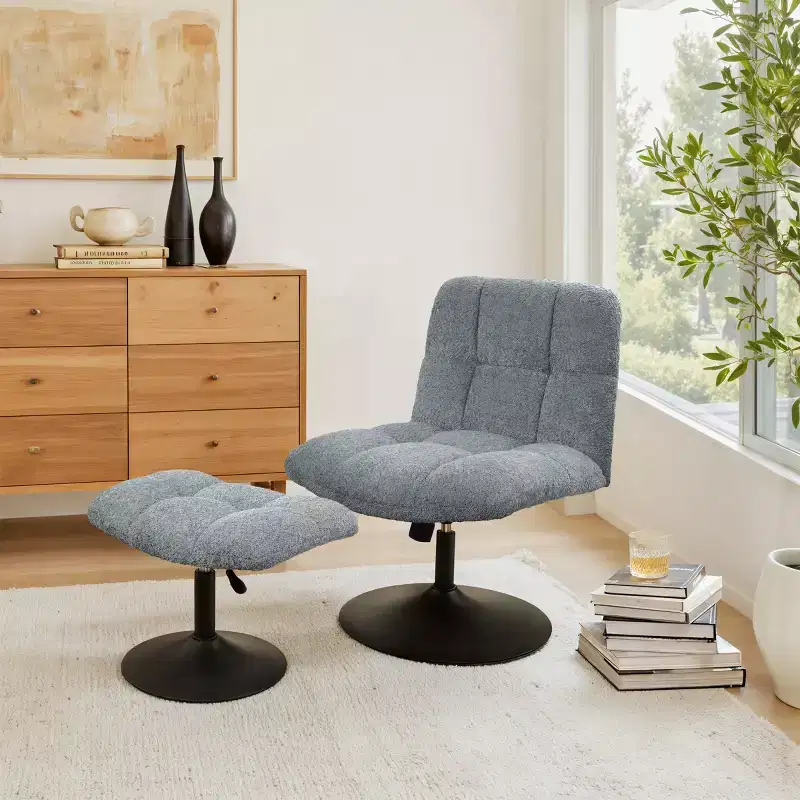 Art Leon Leisure Linen Fabric Swivel Accent Chair with Ottoman, Wood and Metal Frame