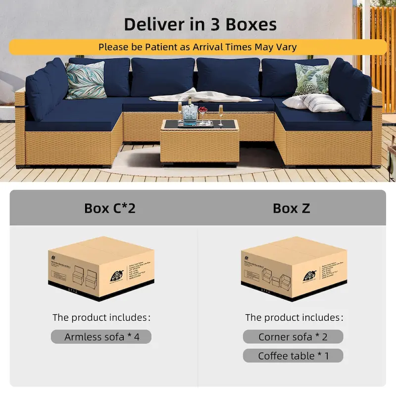 Patio Watcher 7-Piece Patio Yellow Wicker Sectional Seating Group with Cusions and Side Table
