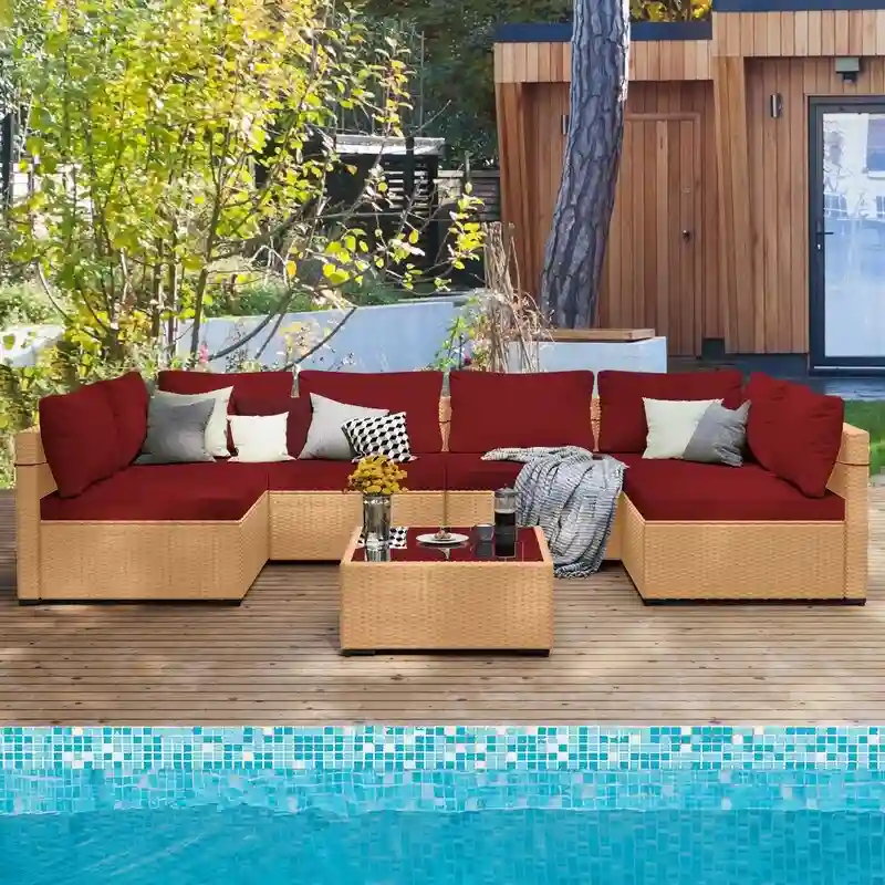 Patio Watcher 7-Piece Patio Yellow Wicker Sectional Seating Group with Cusions and Side Table