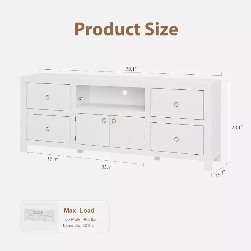 70 inch Wide Contemporary TV Media Stand with 6 Storage Drawer for TVs up to 80 inches for the Living Room & Entertainment Center