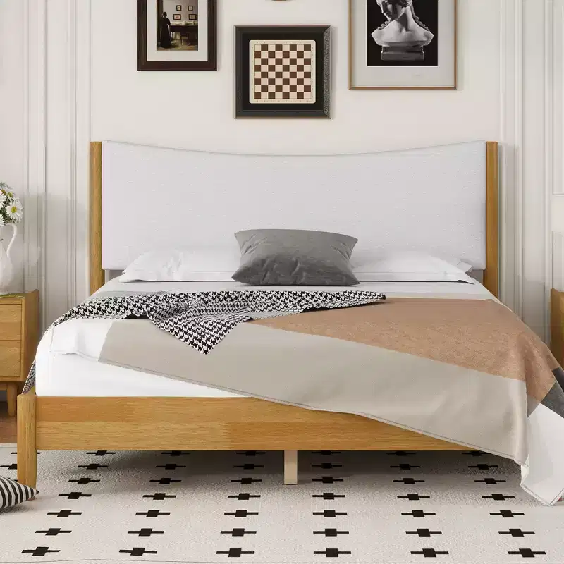 GDFStudio Tracy Modern Queen Size Rubber Wooden Bed with Teddy Velvet Cushion Upholstered Headboard