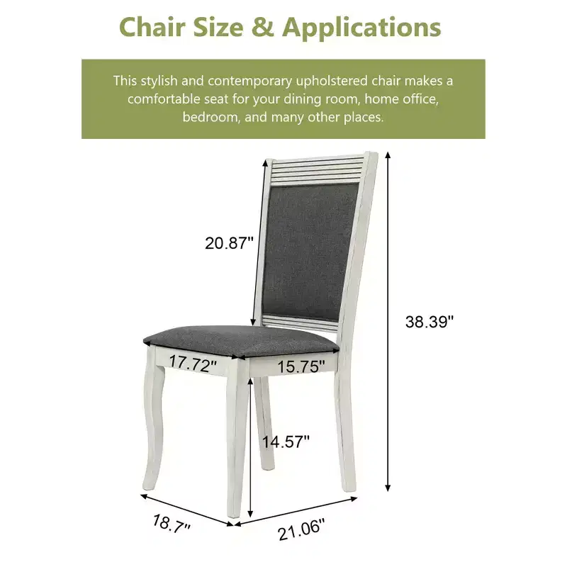 LuxenHome Set of 2 Distressed Off White Rubberwood and Gray Upholstered Dining Chair