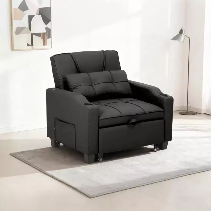 Modern 3-in-1 Convertible Sleeper Chair Bed Pull-Out Sofa with Adjustable Backrest USB Charging Cup Holders Side Pockets for Bedroom Living Room