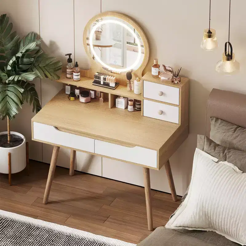 JVNOXK Vanity Dressing Table with 3 Height-Adjustable Lighted Mirrors and Solid Wood Legs, Featuring 4 Drawers and 3 Open Storage Shelves