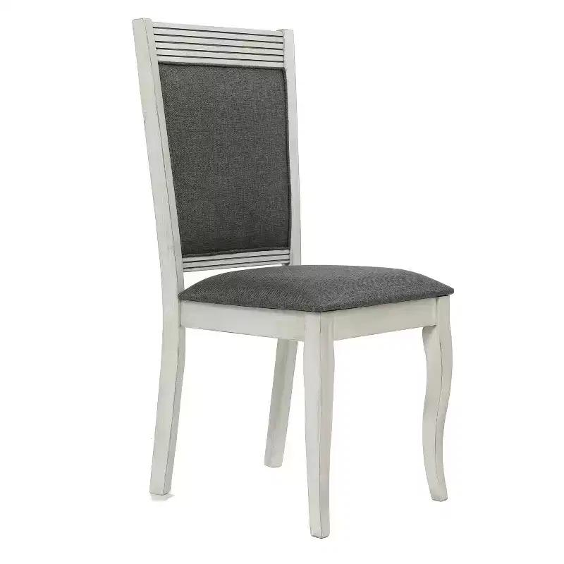 LuxenHome Set of 2 Distressed Off White Rubberwood and Gray Upholstered Dining Chair