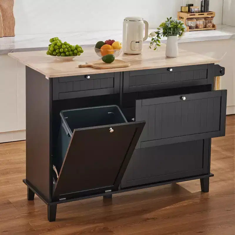 VEVOR Kitchen Island Cart, 50 Wood Top Breakfast Bar with Trash Cabinet Tilt Out 10 Gallon Storage, Farmhouse Dining Living Room Table