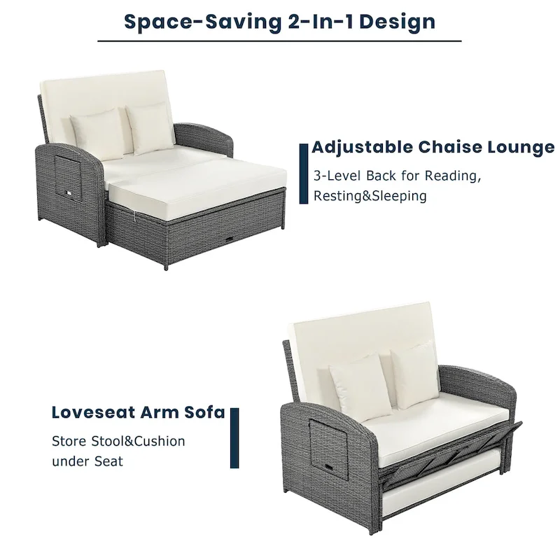 PE Wicker Rattan Double Chaise Lounge, 2-Person Reclining Daybed with Adjustable Back and Cushions, Patio Sun Lounger