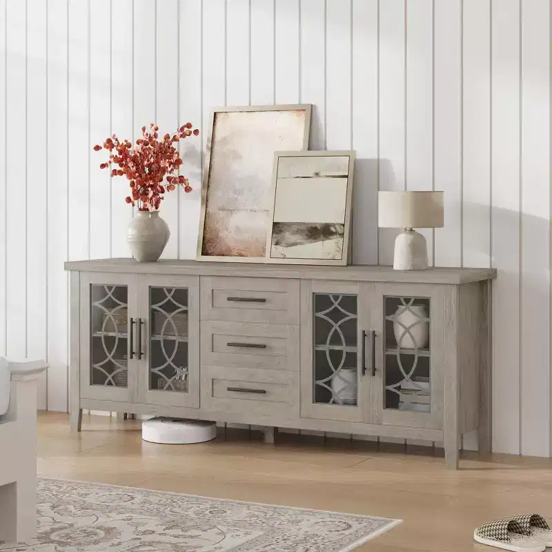 Farmhouse TV Stand with Glass Door for 70 Inch Tv, Mid Century Modern Entertainment Center