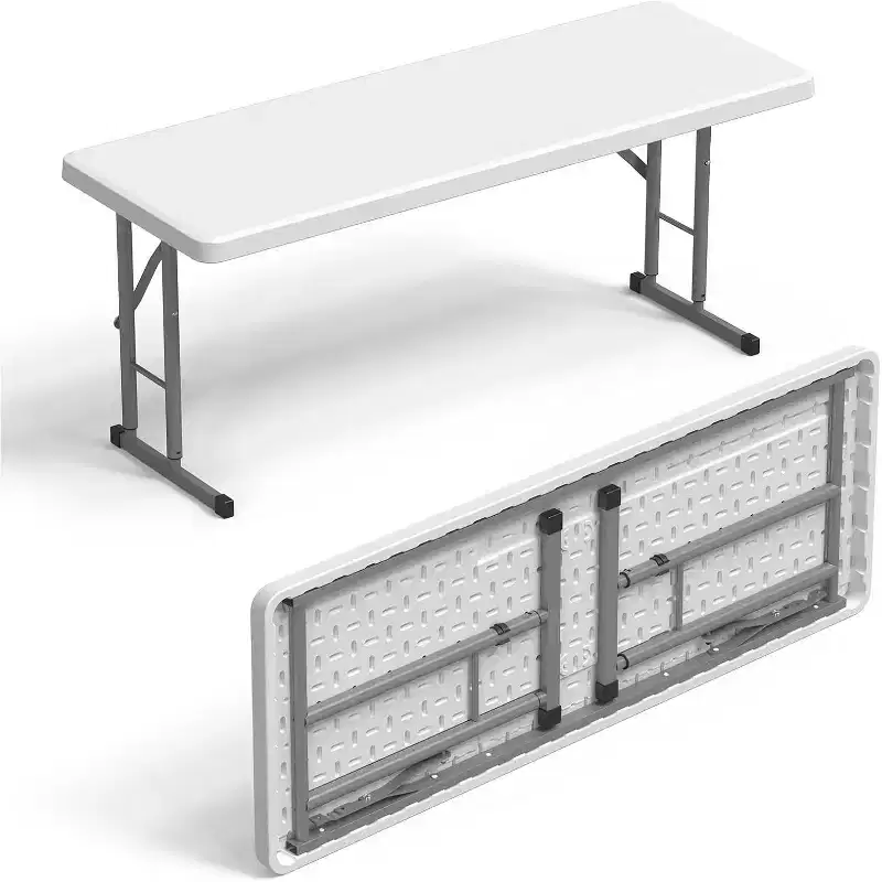 4 FT Narrow Folding Table, HDPE Tabletop with Metal Frame, White, 70.5x17.5x28.5 in