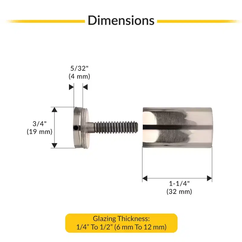 Brixwell BSK212PN Cylinder Style Single Sided Shower Door Knob For 1/4 to 1/2 (6 to 12mm) Glazing Thickness Polished Nickel Finish