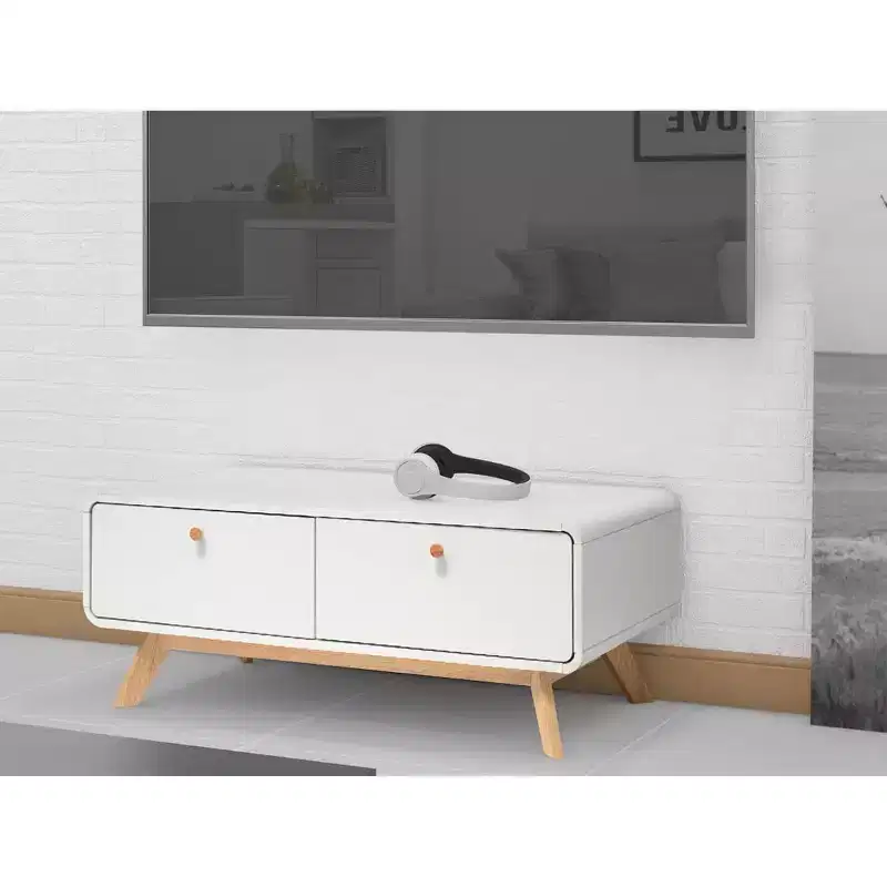 Ren Home Leva Scandinavian 2 Drawer Curved Entertainment Console, White