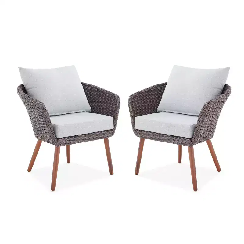 2pk All-Weather Wicker Athens Outdoor Chairs with Cushions Brown - Alaterre Furniture: Sturdy Patio Seating